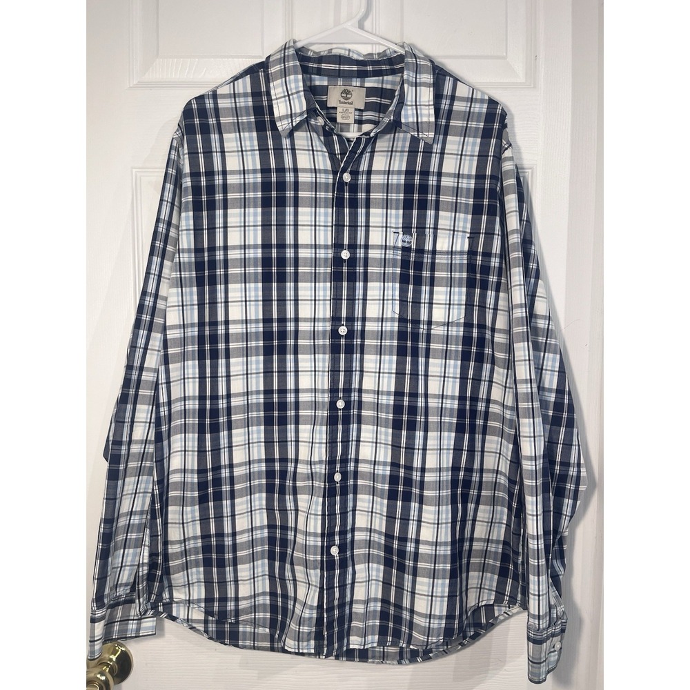 Timberland Mens L Blue Plaid Button Up Shirt Cotton Logo Pocket Regular Fit